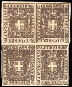 1860 - 10 cent. bruno (19), blocco di ... 