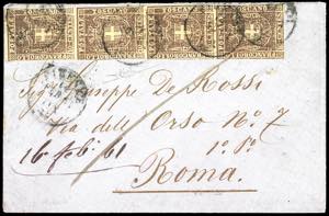 1861 - 10 cent. bruno (19), striscia ... 