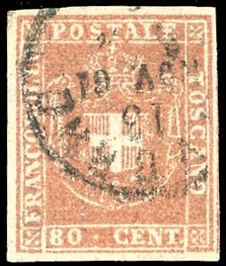 1860 - 80 cent. carnicino (22), margini ... 