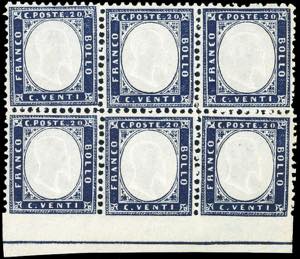 1862 - 20 cent. indaco, blocco di sei ... 