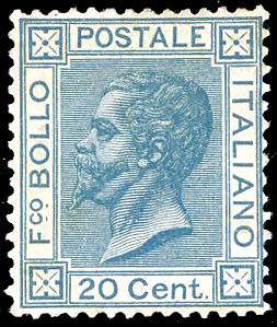 1867 - 20 cent. azzurro, tiratura di Torino ... 