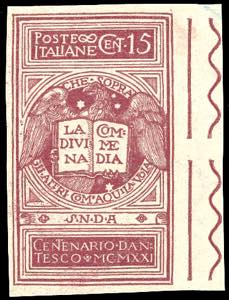 1921 - 15 cent. lilla bruno Dante, filigrana ... 