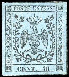 1852 - 40 cent. celeste (5), ben marginato, ... 