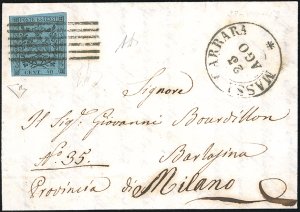 1852 - 40 cent. celeste (5), perfetto, ... 