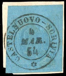 1853 - 20 cent. azzurro (5), ampio margine ... 