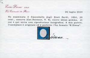 1854 - 20 cent. azzurro (8), nuovo ... 