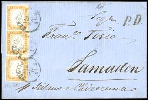 1863 - 10 cent. arancio ocra (14De), tre ... 