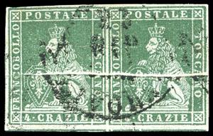 1851 - 4 crazie verde giallo scuro su grigio ... 