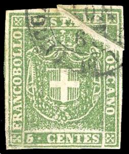 1860 - 5 cent. verde oliva (18a), grande pli ... 