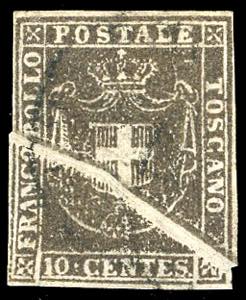 1860 - 10 cent. bruno scuro (19b), enorme ed ... 