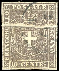 1860 - 10 cent. bruno (19), evidente pli ... 