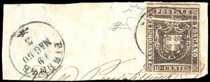 1860 - 10 cent. bruno scuro (19b), evidente ... 