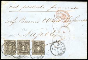 1860 - 10 cent. bruno nero (19a), tre ... 