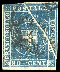 1860 - 20 cent. azzurro (20), doppio pli ... 
