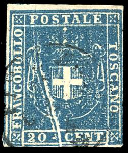 1860 - 20 cent. azzurro (20), evidente pli ... 