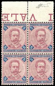 1891 - 5 lire carminio e azzurro Umberto I ... 