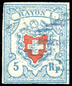 SVIZZERA POSTE FEDERALI 1851 - 5 r. Rayon I, ... 