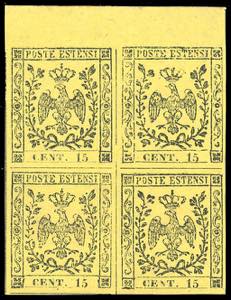 1852 - 15 cent. giallo vivo (3a), blocco di ... 