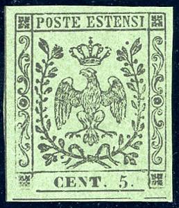 1855 - 5 cent. verde oliva, punto dopo la ... 
