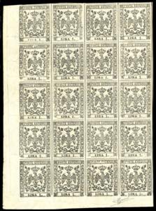 1853 - 1 lira bianco (11), blocco di 20 ... 