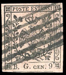 1853 - 9 cent. violetto grigio, lettere B.G. ... 