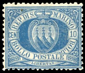 1888 - 10 cent. azzurro Stemma (3A), nuovo, ... 