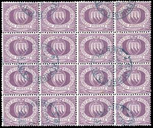 1877 - 40 cent. Stemma (7), blocco di 16, ... 