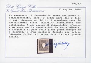 1858 - 3 soldi nero, I tipo, dent. ... 