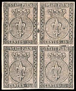 1852 - 15 cent. rosa (3), blocco di quattro, ... 