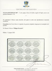 1867 - 3 cent. grigio (15), blocco ... 