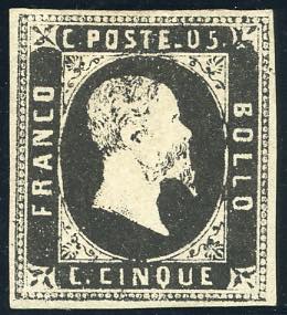 1851 - 5 cent. nero (1), nuovo, gomma ... 