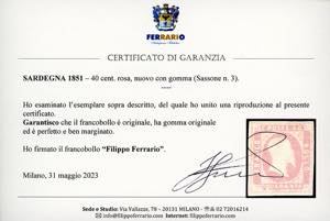 1851 - 40 cent. rosa (3), nuovo, ... 