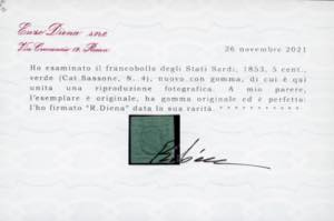 1853 - 5 cent. verde (4), nuovo, ... 