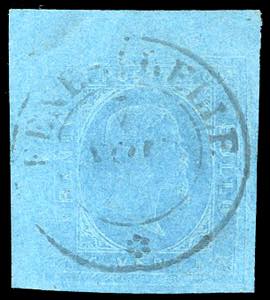 1853 - 20 cent. azzurro (5), ampio angolo di ... 