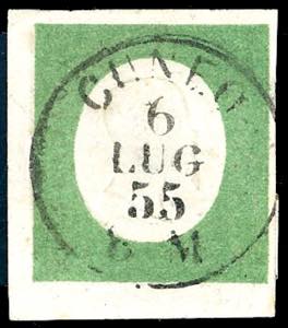 1854 - 5 cent. verde giallo (7), angolo di ... 