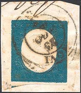 1854 - 20 cent. azzurro (8e), bordo di ... 