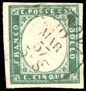 1855 - 5 cent. verde smeraldo scuro (13f), ... 