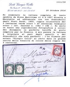 1857 - 5 cent. verde scuro, coppia ... 