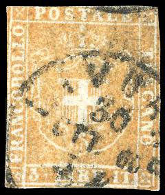 1860 - 3 lire ocra arancio (23a), usato a ... 