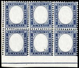1862 - 20 cent. indaco, blocco di sei ... 