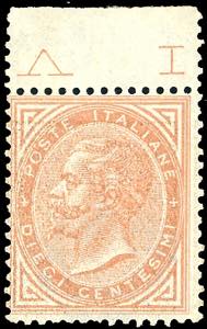 1863 - 10 cent. ocra arancio, De La Rue, ... 