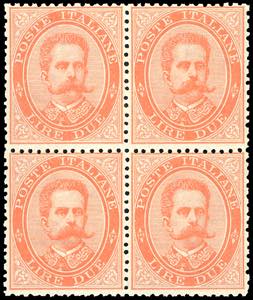 1879 - 2 lire Umberto I (43), blocco di ... 