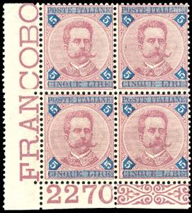 1891 - 5 lire carminio e azzurro Umberto I ... 