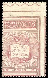 1921 - 15 cent. rosa brunastro Dante, errore ... 