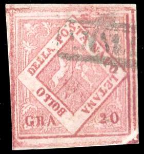 1859 - 20 grana carminio, falso per posta ... 