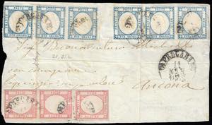 1862 - 5 grana rosa, striscia verticale di ... 