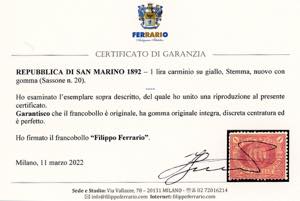 1892 - 1 lira carminio su giallo ... 