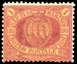 1892 - 1 lira carminio su giallo ... 