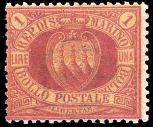 1892 - 1 lira carminio su giallo, Stemma ... 