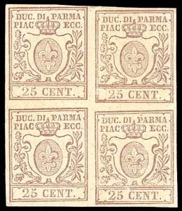 1857 - 25 cent. bruno lilla (10), blocco di ... 